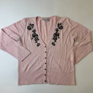 Requirements Cardigan Sweater Womens Large Pink Beaded Floral Button Front Knit